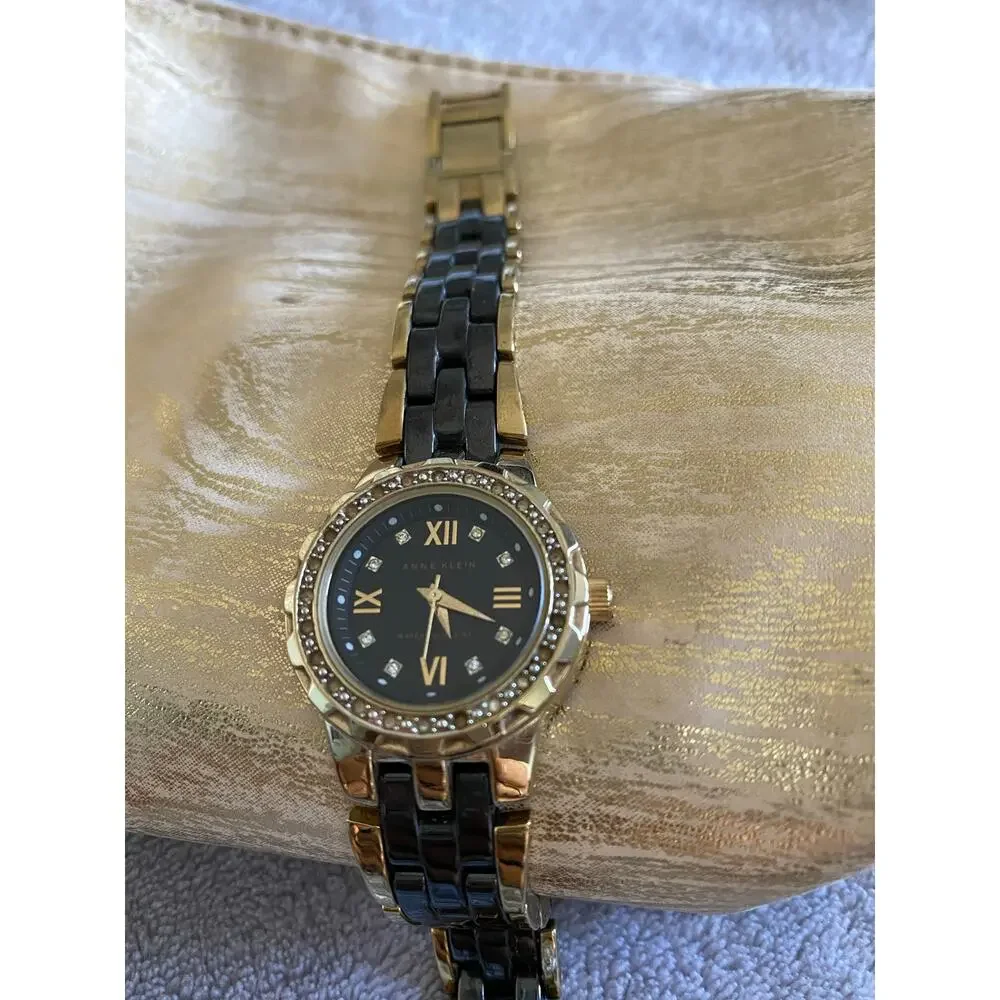 Anne Klein 10/9456 Two-Tone Gold & Black Ceramic Watch with Swarovski Crystals